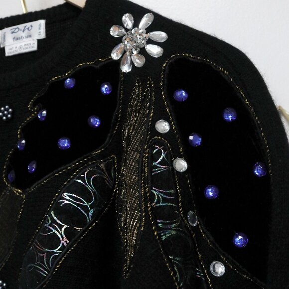 80s Black Angora & Wool Sweater w/ Abstract Asymmetric Applique Rhinestone - Picture 7 of 8